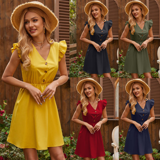 Robe courte à manches courtes pour dames avec détails en volants et design à boutons Chic und Stil