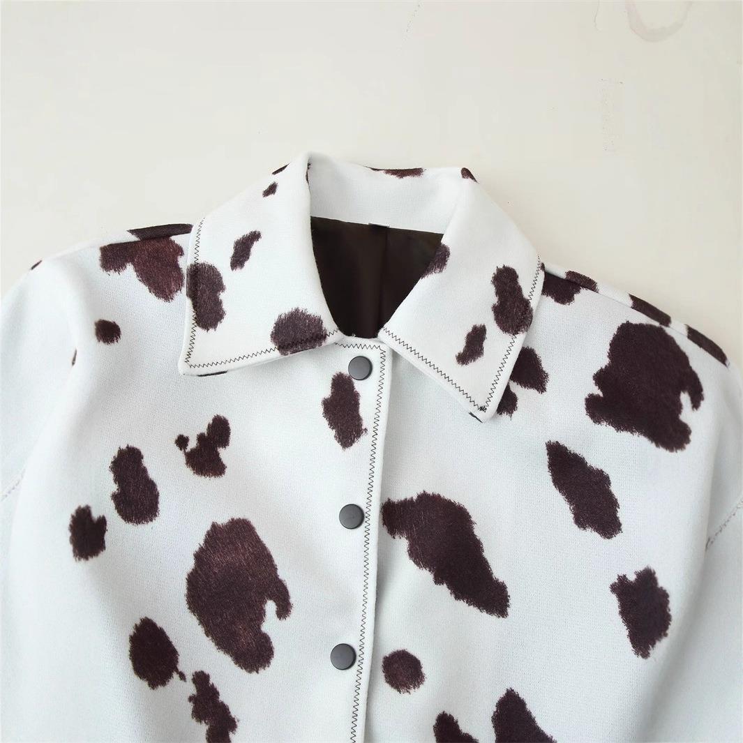 Women's leather jacket with trendy cow spot design and elegant button list Chic and Style