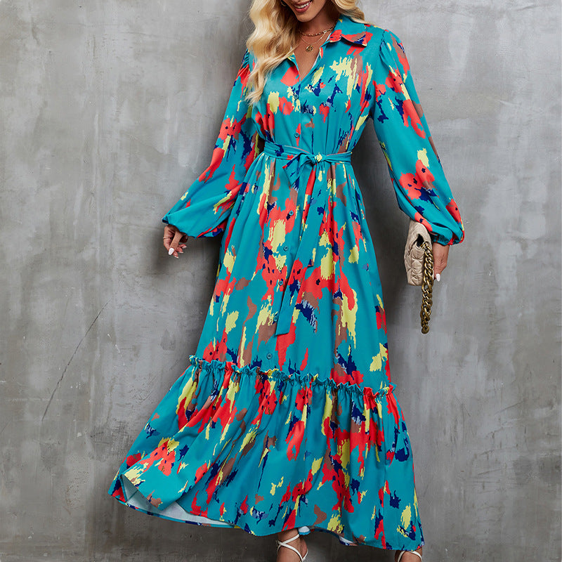 Damen elegantes Maxikleid mit hochgeschlossenem Kragen und farbenfrohem Muster Chic und Stil