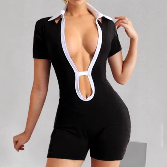 Women's Sporty Mini Jumpsuit with Deep V-Neck and Chic and Stylish Contrast Collar