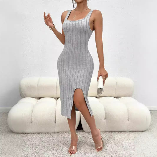 Robe moulante à côtes pour femmes avec fente latérale et décolleté carré Chic und Stil