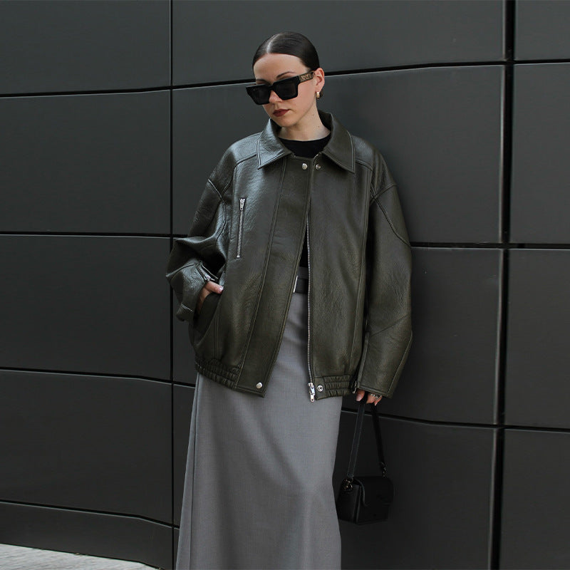 Dame cuir veste avec coupe décontractée oversized Chic und Stil