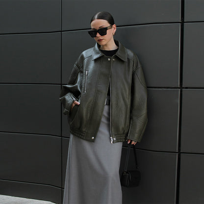 Dame cuir veste avec coupe décontractée oversized Chic und Stil