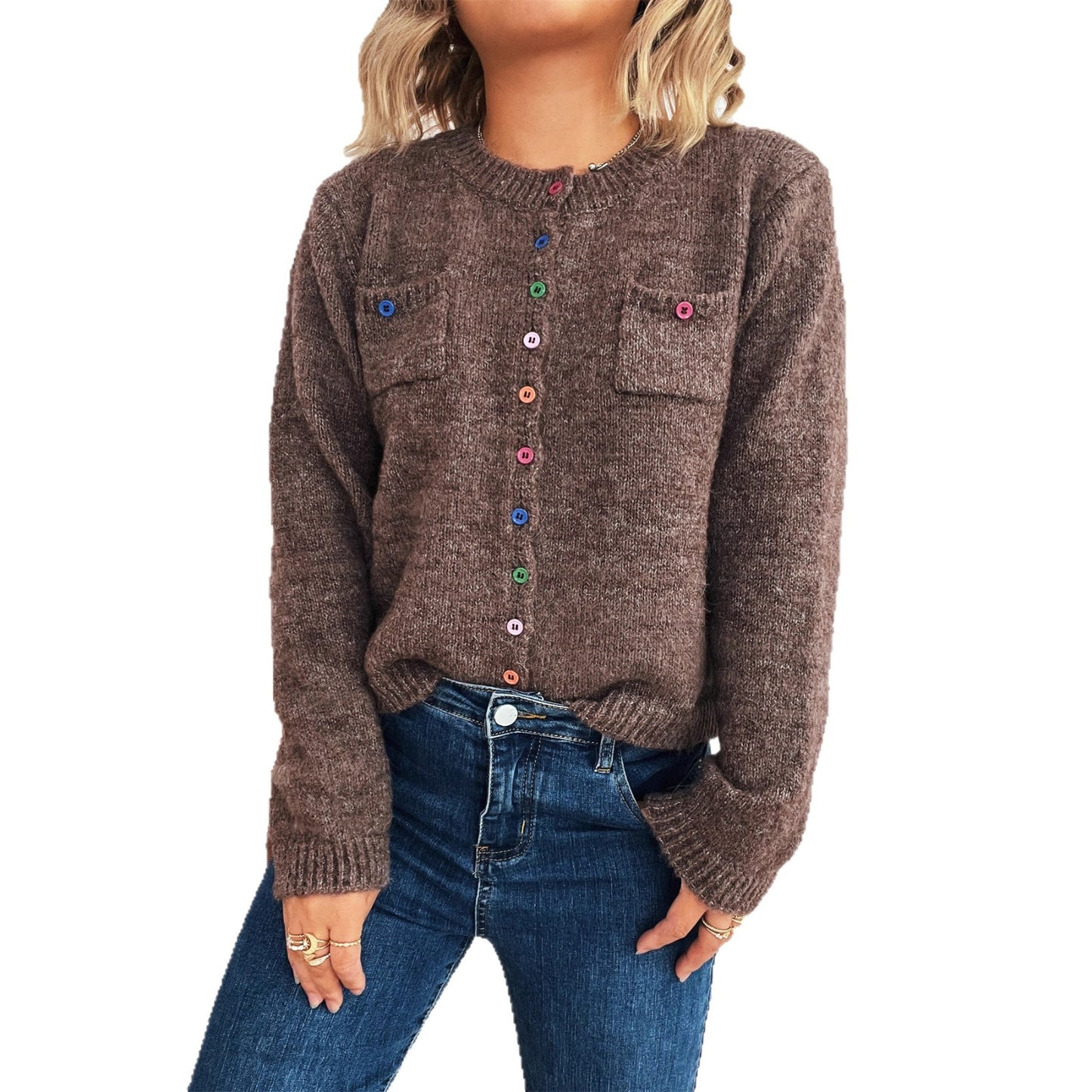 Damen Strickjacke mit bunten Knopfdetails und praktischen Taschen Chic und Stil