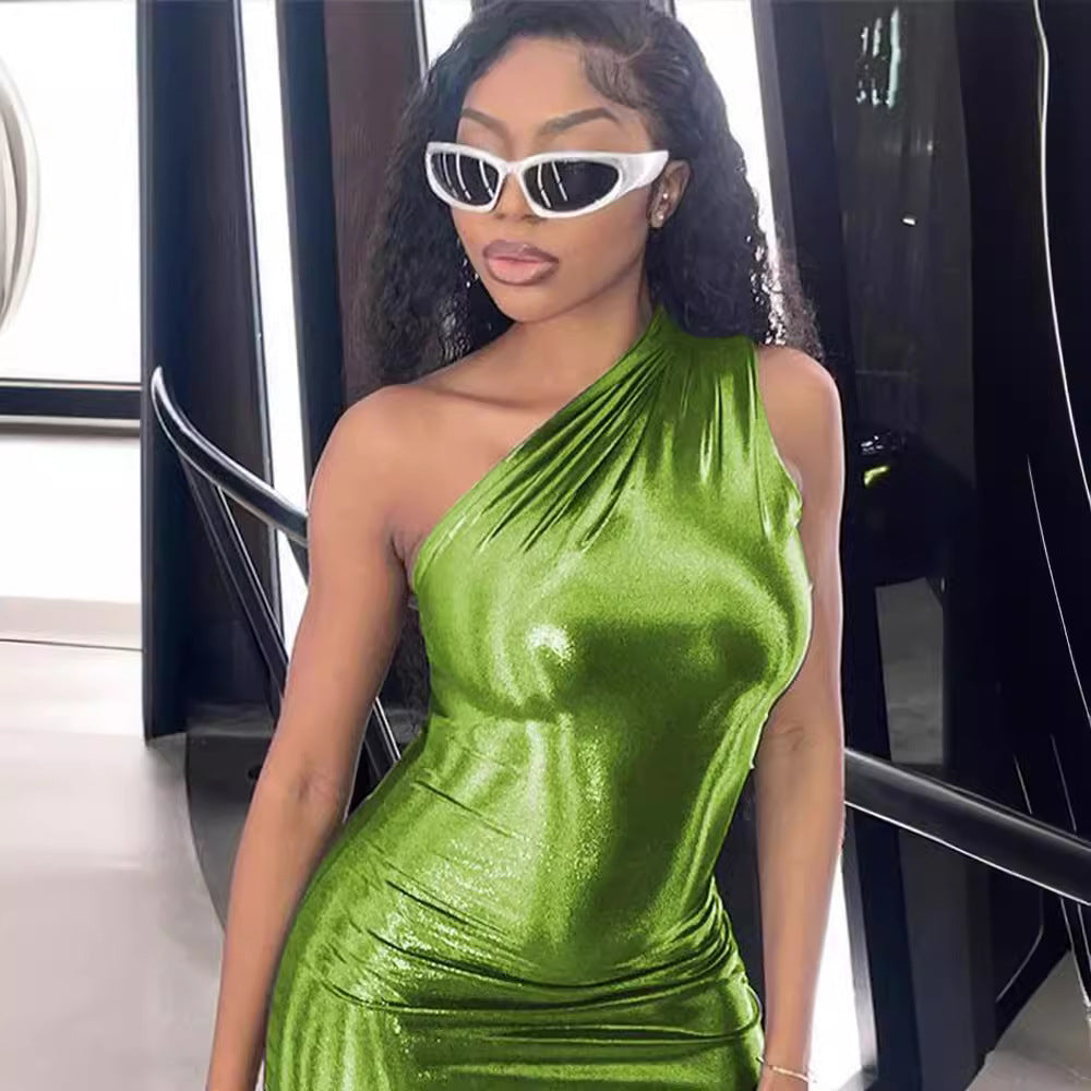 Robe Bodycon Métallique À Épaule Unique Femme Chic und Stil