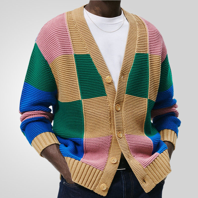 Men's knit jacket with a colorful block pattern and comfortable buttons Chic and Style