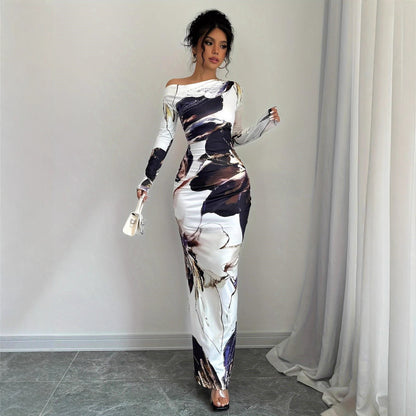 Robe maxi élégante pour femmes avec impression artistique originale et design sans épaules Chic und Stil