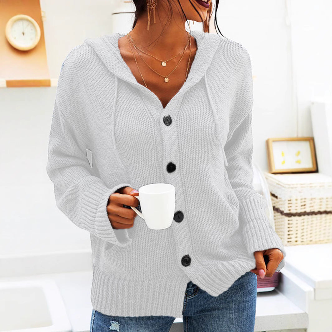 Dames gros tricot cardigan avec capuche et gros boutons Chic und Stil