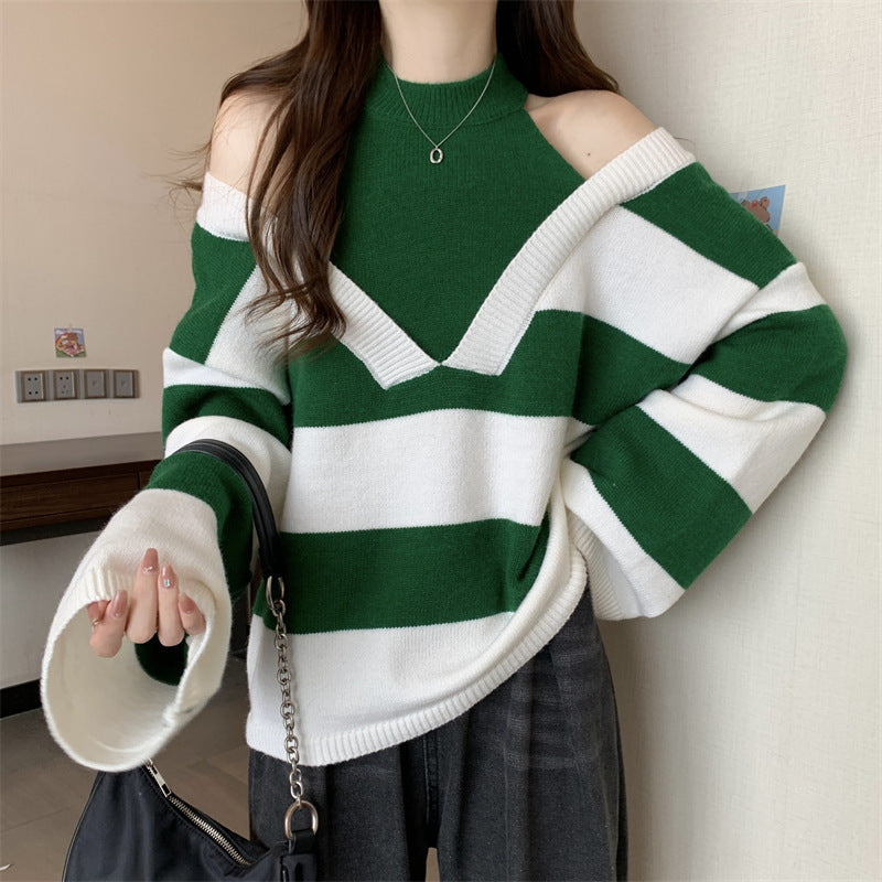 Ladies Oversized V-neck Pullover with trendy striped pattern and open shoulder design Chic and Style