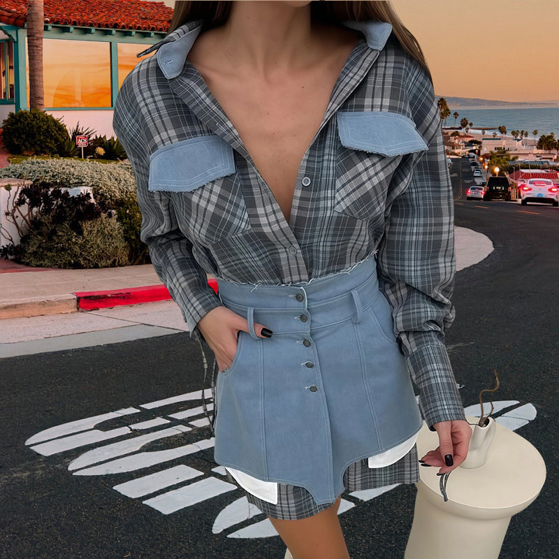 Blouse à carreaux pour femmes avec jupe en jean et coupe artisanale Chic und Stil
