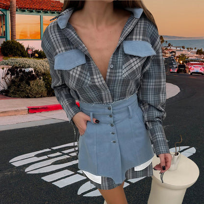 Blouse à carreaux pour femmes avec jupe en jean et coupe artisanale Chic und Stil