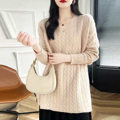 Femme pull en grosse maille avec décolleté en V et coupe décontractée Chic und Stil
