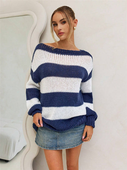 Dames Pull en Tricot Oversize avec Rayures Maritimes Chic und Stil