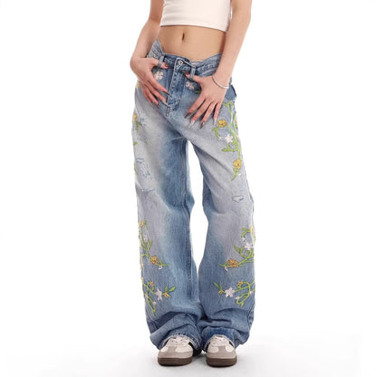 Dames brodé large Denim jeans Chic und Stil