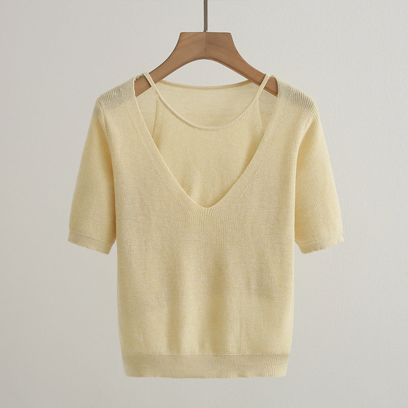 Pull en tricot à col V décontracté pour femme à manches courtes Chic und Stil