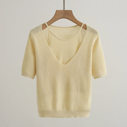 Pull en tricot à col V décontracté pour femme à manches courtes Chic und Stil
