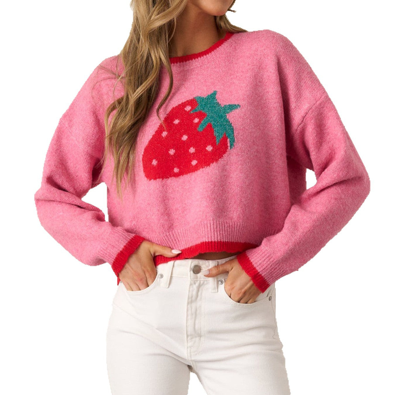 Pull tendance pour femmes avec motif fraise et poignets contrastés Chic und Stil