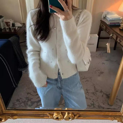 Dames élégante cardigan en tricot avec des accents de perles tendance Chic und Stil