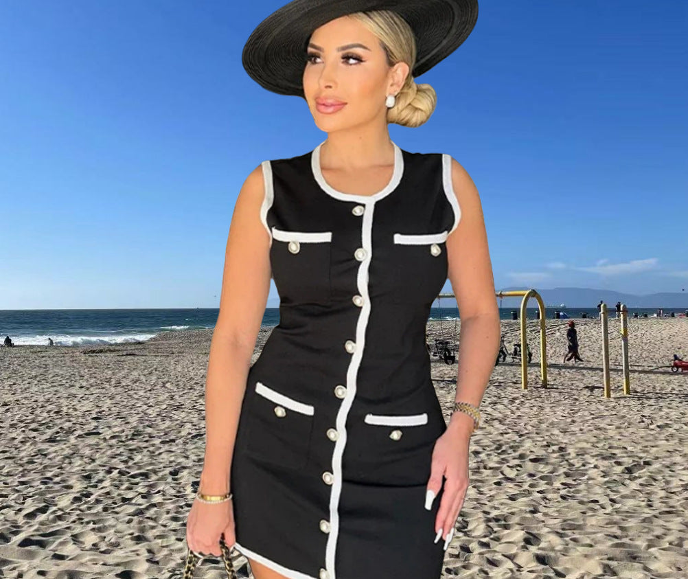 Femmes Robe sans manches élégante avec des boutons décoratifs et des détails contrastés Chic und Stil