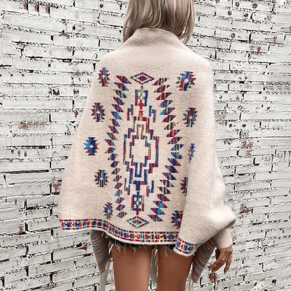 Wool poncho for women with colorful Navajo pattern and fringed hem Chic and Style