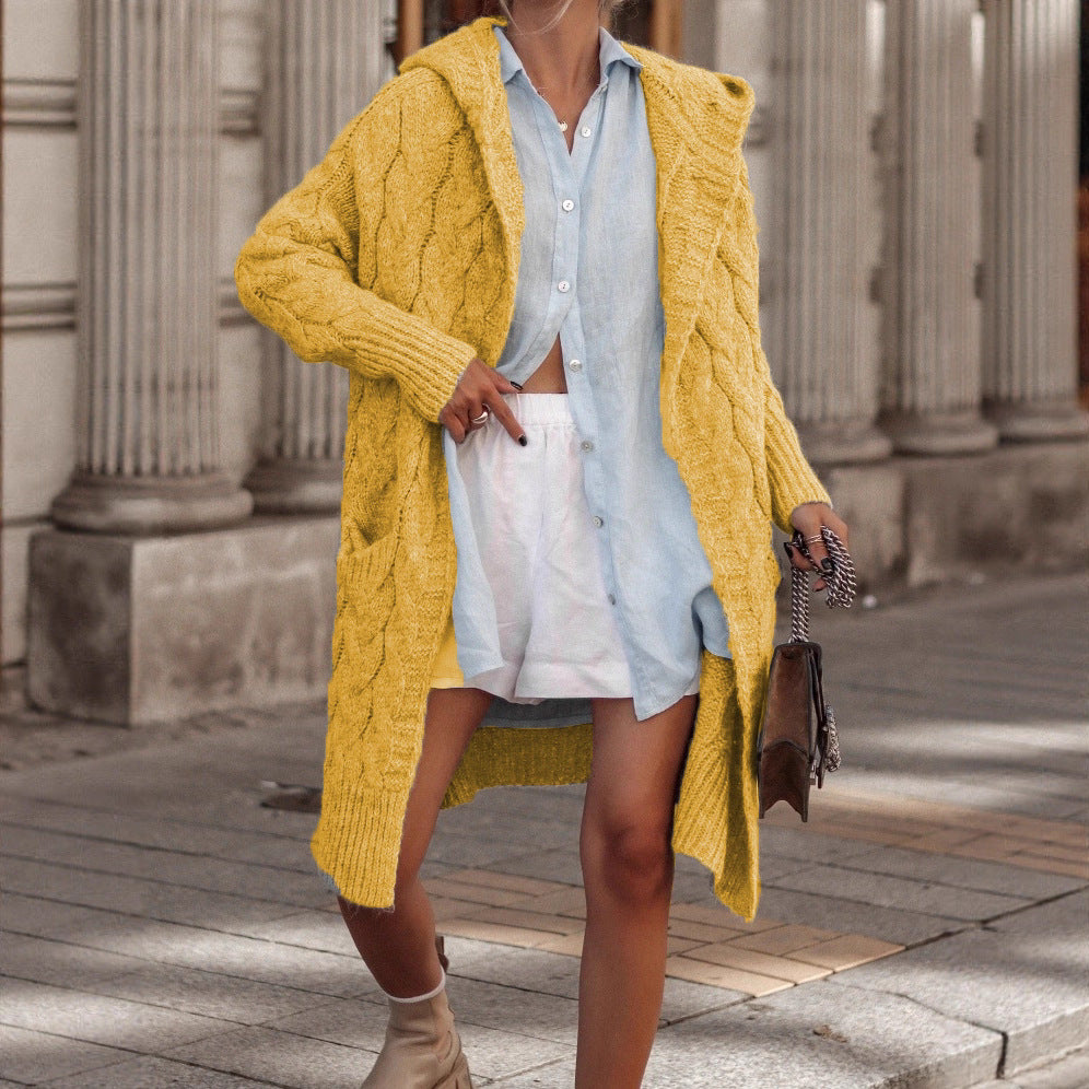 Dames Grande Veste Tricot avec Capuche et Design Tressé Chic und Stil