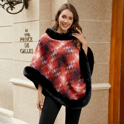 Ladies fashion poncho with luxurious faux fur collar Chic and Style