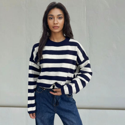 Pull femme décontracté en rayures avec coupe large et cordon de serrage Chic und Stil