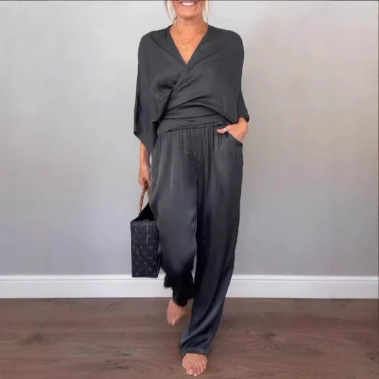 Women Elegant Wrap High-End with Loose Cut and Matching Palazzo Pants Chic and Style