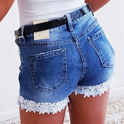 Women's denim shorts with a romantic lace hem and high waist Chic and Style