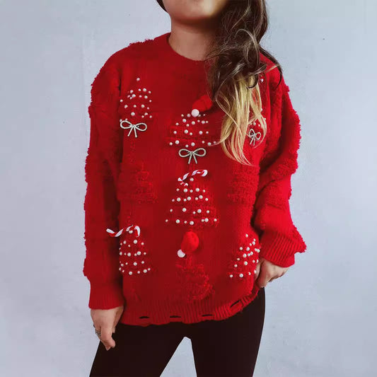 Pull over de fête pour dames avec des motifs de Noël créatifs et un design texturé Chic und Stil