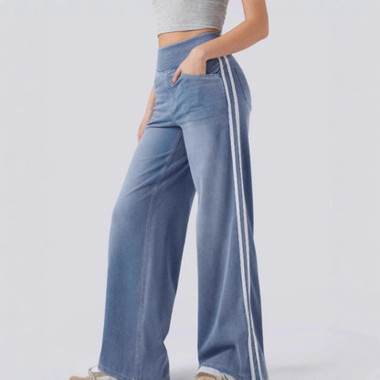 Wide denim pants for women with side stripe and high waist Chic and Style