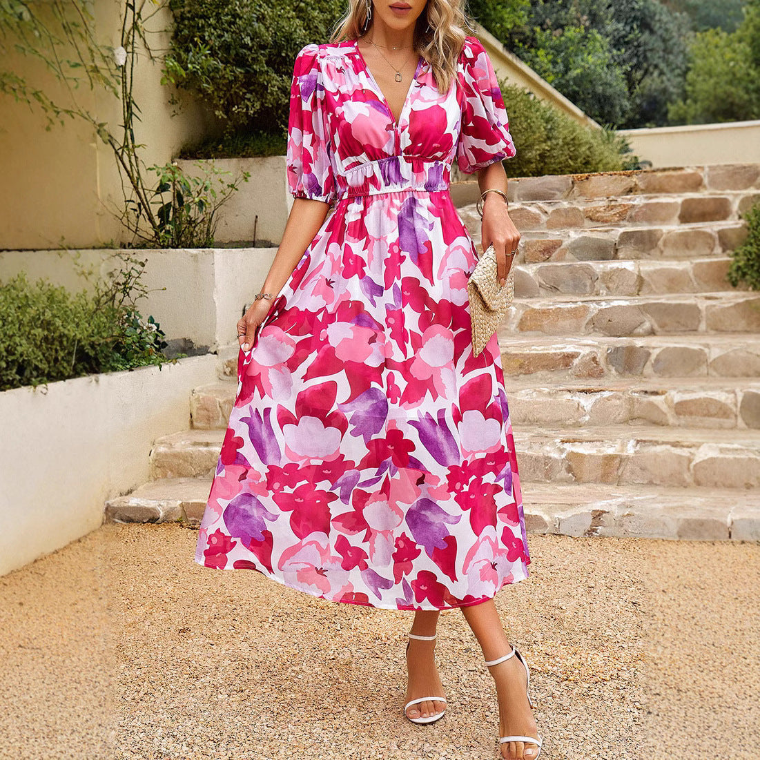 Dames Robe Maxi à Manches Bouffantes Romantique Chic und Stil