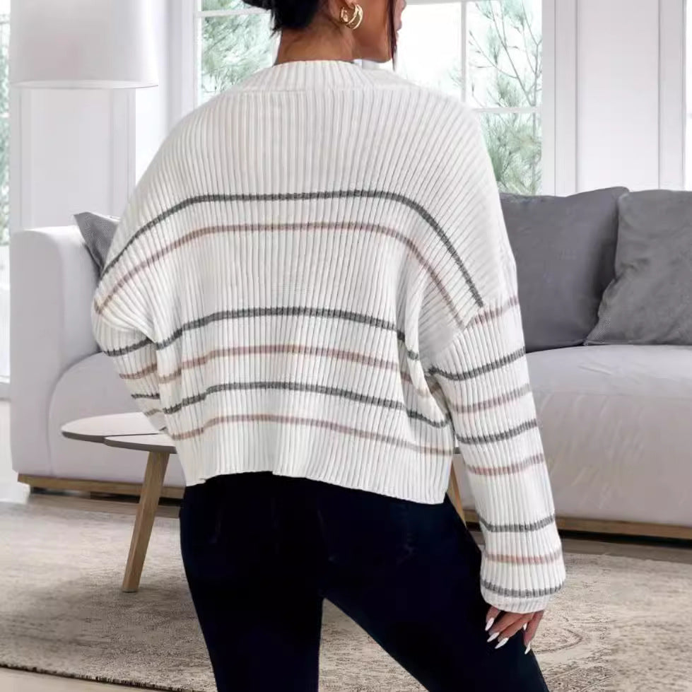 Dames Pull en tricot décontracté avec motif rayé à la mode Chic und Stil