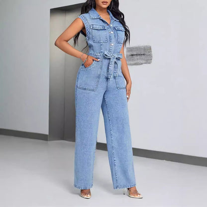 Combinaison en jean tendance pour femmes avec poches appliquées et lien à la taille Chic und Stil