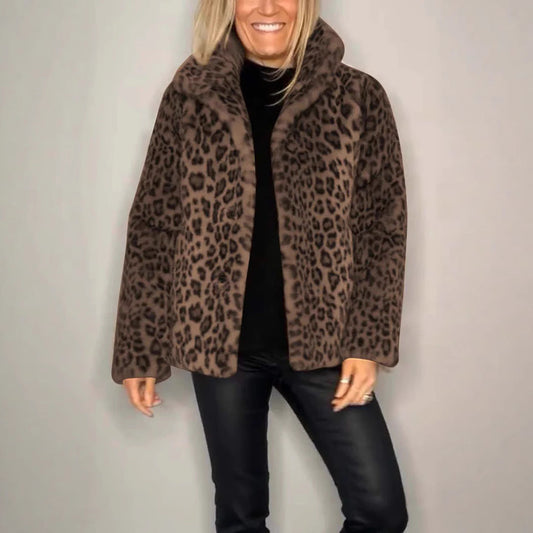 Chic und Stil | Coat Faux Fur Oversized Fit Notched Collar Leopard Print