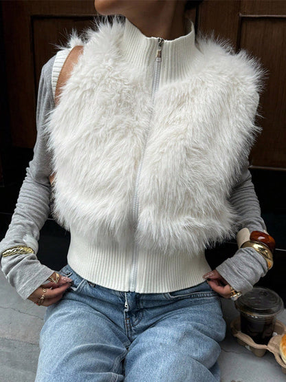 Dames gilet en tricot douillet avec fausse fourrure luxueuse Chic und Stil