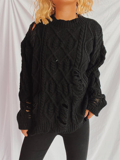 Pull en grosse maille pour femmes avec un motif de torsade unique et des détails effilochés Chic und Stil