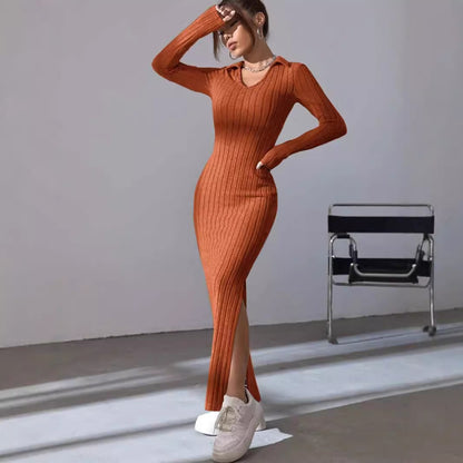 Robe côtelée à manches longues pour femmes avec fente et col Chic und Stil
