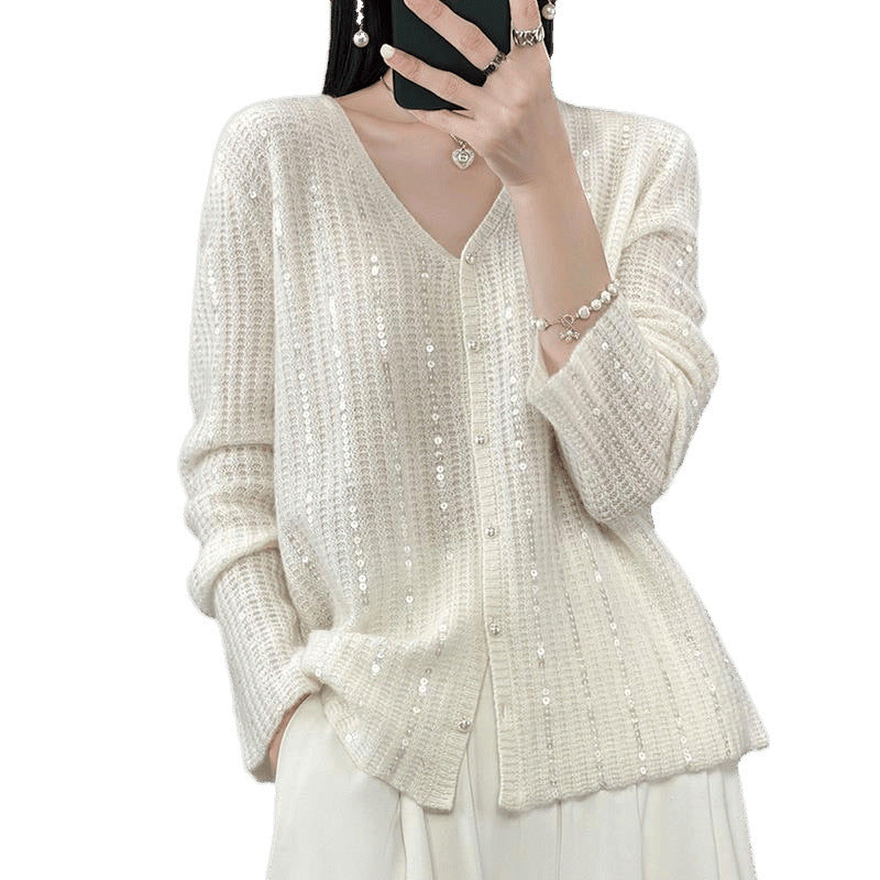Dames Boutonnage Paillettes Cardigan Pull Chic und Stil