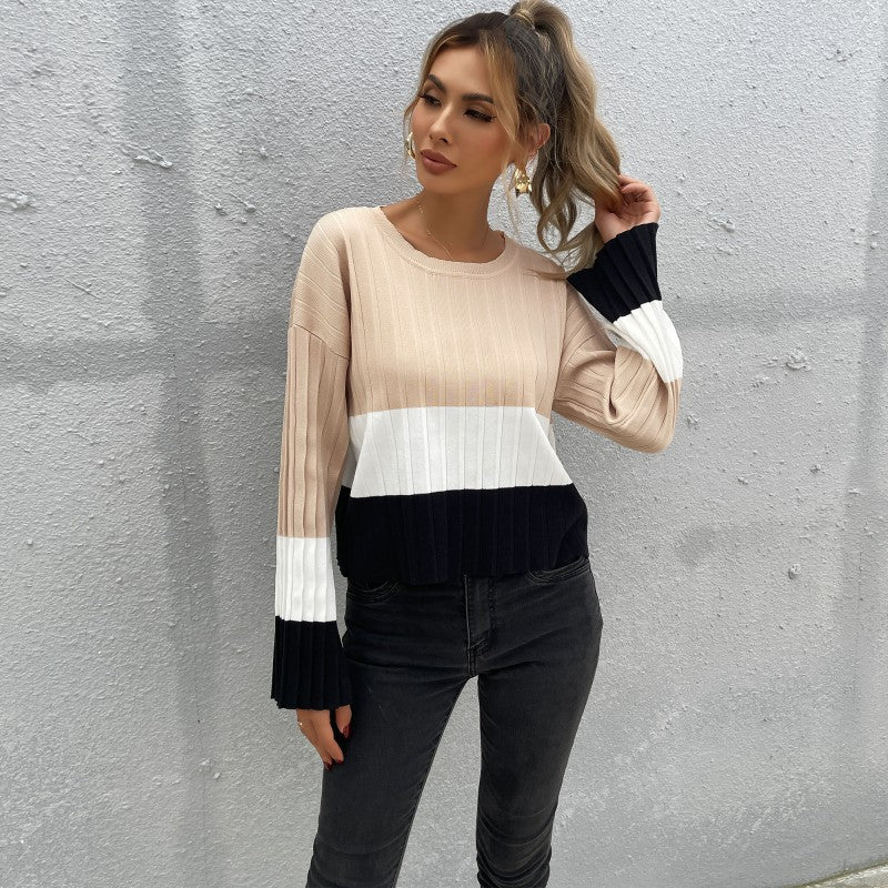 Pull en tricot à la mode pour femmes avec un design de blocs de couleurs harmonieux et des manches larges Chic und Stil