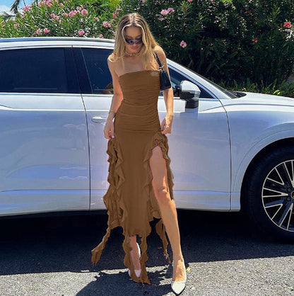 Femmes Élégante Robe Maxi Fendue avec Volants Chic und Stil