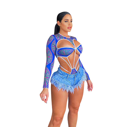 Chic und Stil Women's Cutout Bodysuit and Fringe Shorts Set