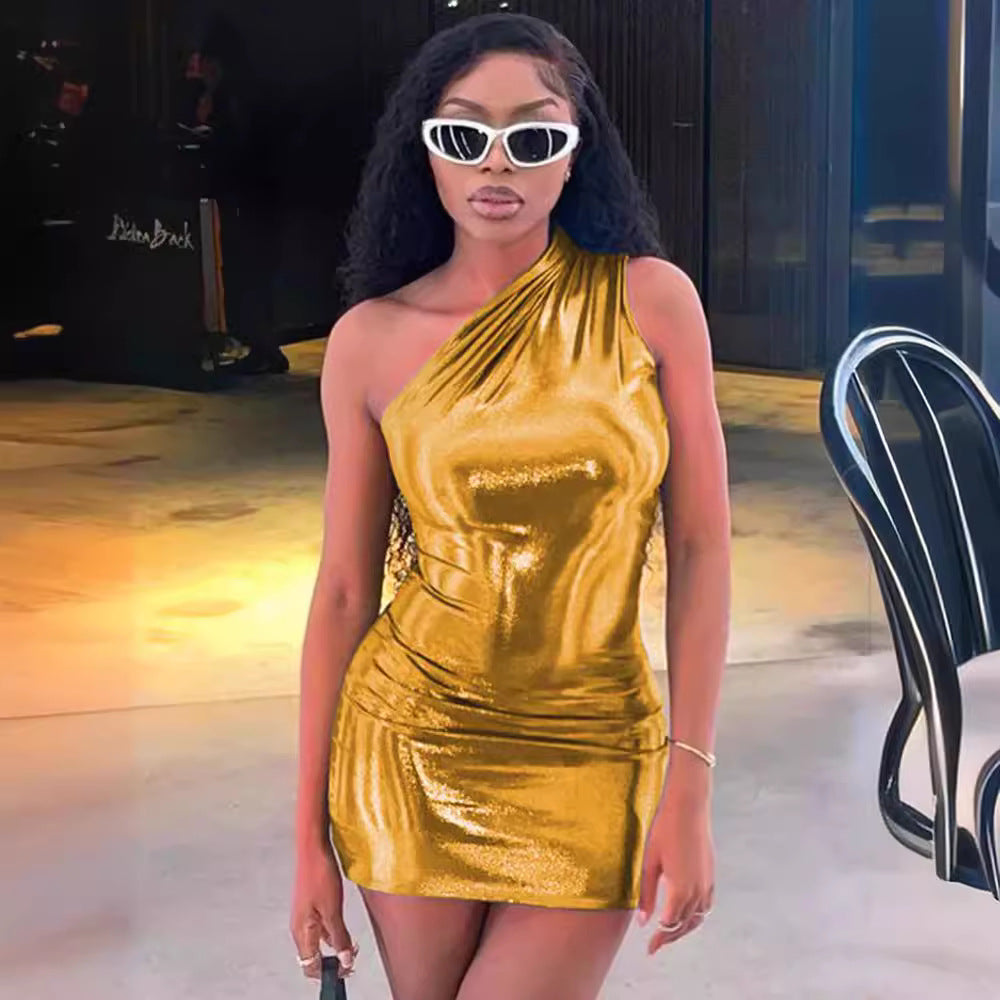 Robe Bodycon Métallique À Épaule Unique Femme Chic und Stil