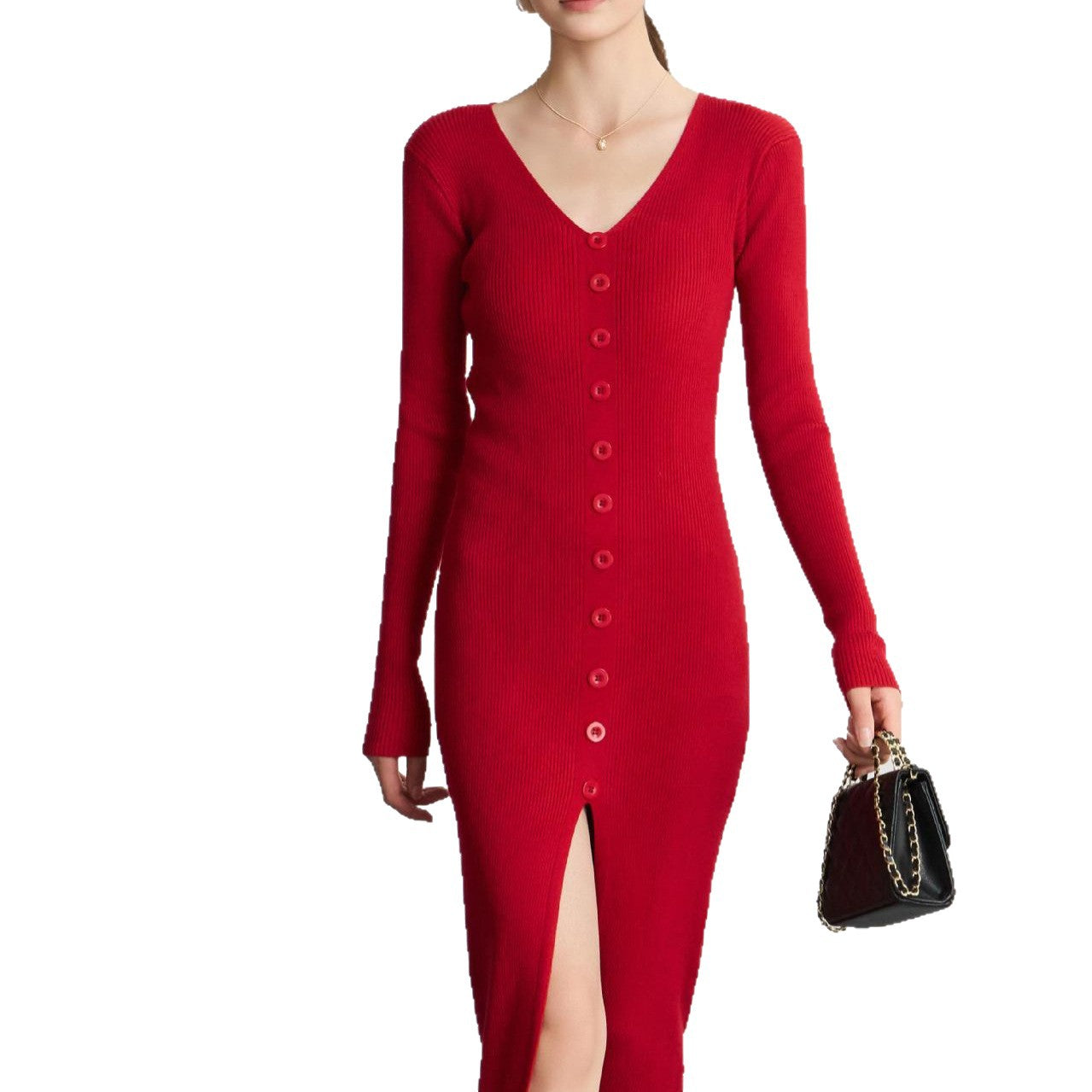 Dames Robe maxi à manches longues avec structure côtelée et détail de bouton Chic und Stil