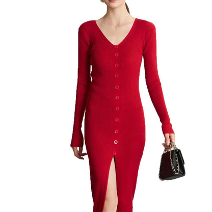 Dames Robe maxi à manches longues avec structure côtelée et détail de bouton Chic und Stil