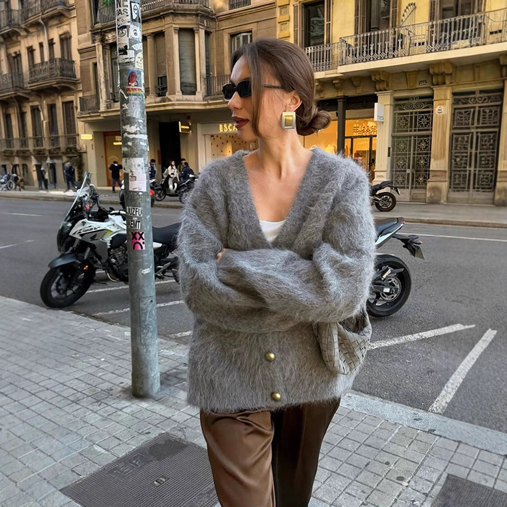 Dames douce et douillette veste tricotée avec boutons dorés Chic und Stil