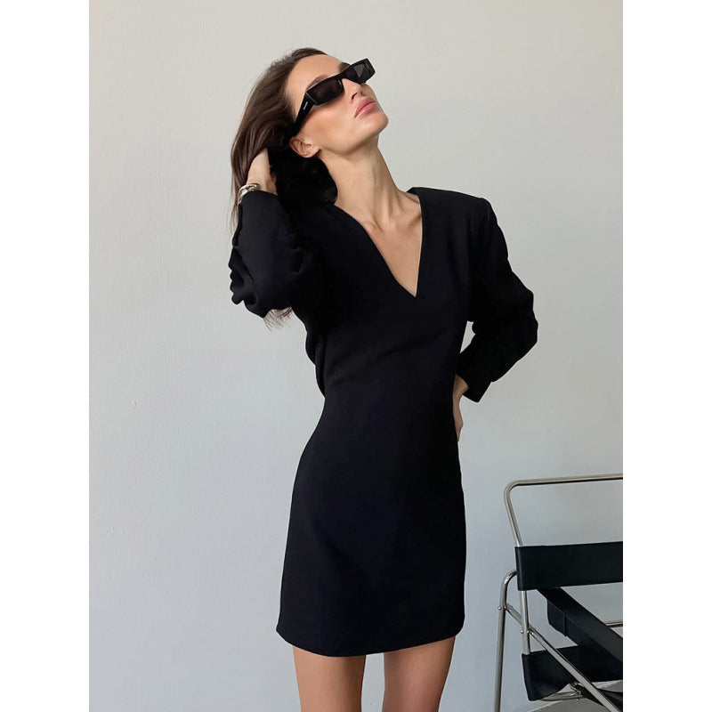 Dames Élégante Robe à Col en V avec Manches Bouffantes Chic und Stil