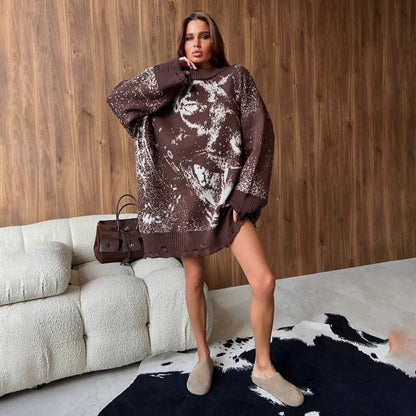 Ladies oversized knit pullover with a creative graphic design Chic and Style