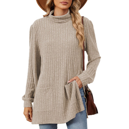 Dames élégant haut en maille structurée avec col montant et poches latérales Chic und Stil