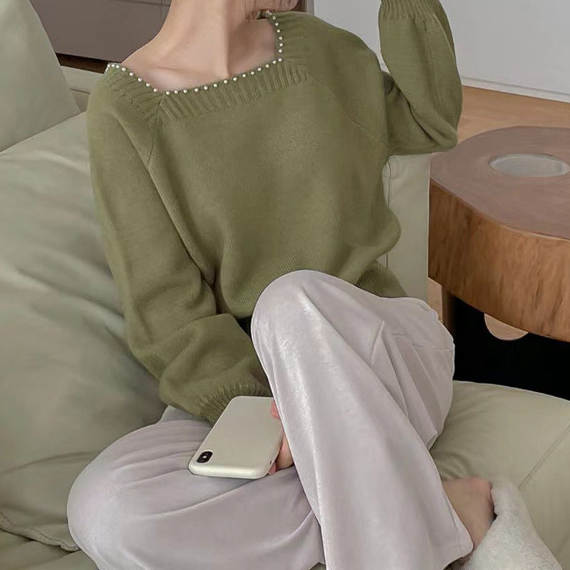 Pull décontracté pour femmes avec col en perles élégant Chic und Stil